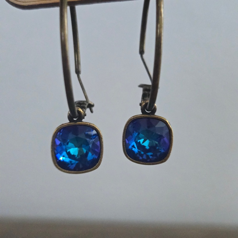 Pink Panache Blue Crystal Cushion Cut Hoop Earrings Antique Bronze Tone Texas